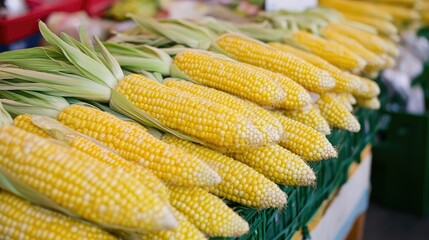 Detailed view of sweet corn in a market stall, with a variety of fresh ears neatly arranged and ready for purchase -