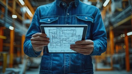 Poster - engineer man with tablet looking at blueprints on construction site midsection.illustration