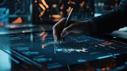 Poster - Financial analyst with a digital pen drawing on a holographic graph projection