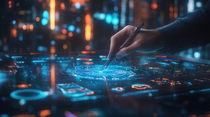 Poster - Financial analyst with a digital pen drawing on a holographic graph projection