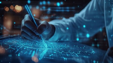 Poster - Financial analyst with a digital pen drawing on a holographic graph projection