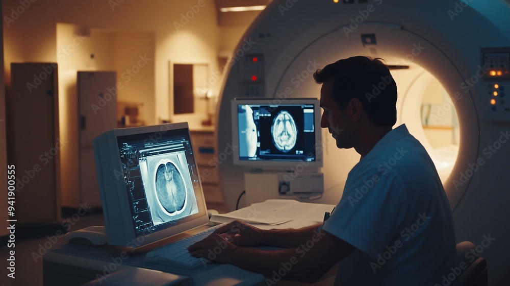 Dedicated Radiologist Analyzing Detailed MRI Scans in a Dimly Lit ...