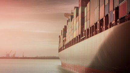 Wall Mural - A close-up view of a container ship with colorful containers, reflecting serenity on the water during a sunset.