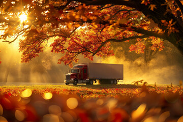 A red semi truck is parked in a field of yellow leaves