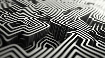 Poster - High-contrast abstract lines forming a maze-like pattern, futuristic and intricate design -