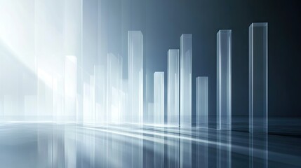 Poster - High-tech bar graph made of transparent glass bars with light reflections, minimalist background --
