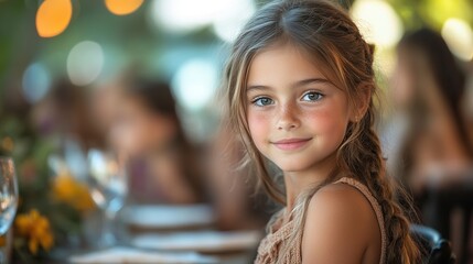 Poster - portrait of girl sitting at the table with friends and family at a family gathering to celebrate a birthday in the garden party.stock image