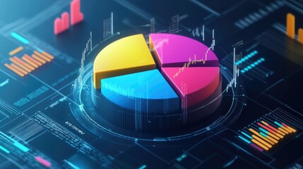 Poster - Interactive 3D pie chart with floating labels and percentages, digital interface elements surrounding it