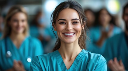 Aufkleber - happy doctors nurses and other medical staff clapping in hospital portrait.stock image