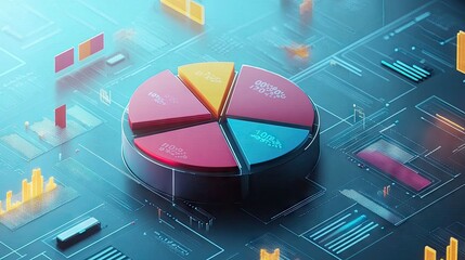 Poster - Interactive 3D pie chart with floating labels and percentages, digital interface elements surrounding it