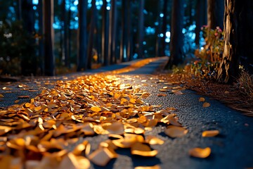 Poster - A warm, nostalgic scene of amber light filtering through the trees at dusk, casting long shadows across a quiet forest path