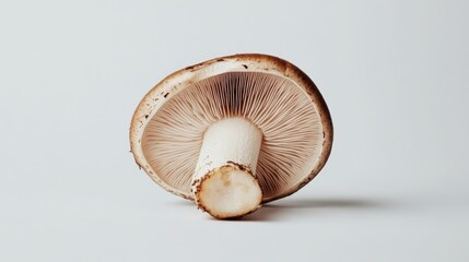 Fototapete - A minimalistic photo of a mushroom cut in half to reveal its interior, set against a plain white background for a clean and straightforward look.
