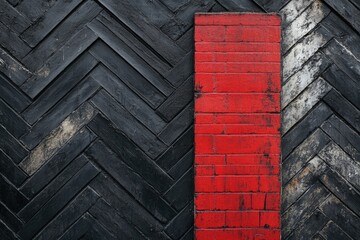 Wall Mural - A red stripe painted on a wall with a black and white striped wall behind it.