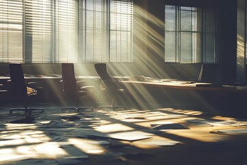Wall Mural - A sunlit office space with scattered papers, casting dramatic shadows and creating a serene yet abandoned atmosphere.
