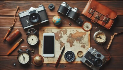 Overhead view of antique travel accessories arranged around a world map and smartphone..Concept: Blending vintage exploration tools with modern technology for travel planning.