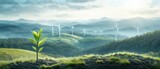 A vibrant young plant stands on fertile soil, symbolizing growth and sustainability against a backdrop of wind turbines and hills.
