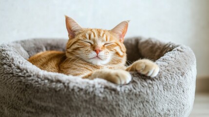 Aufkleber - A panoramic view of a chubby cat sleeping in a plush cat bed, with its rounded belly and peaceful expression, emphasizing its comfort and cuteness.