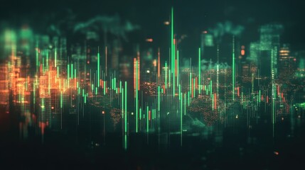 Poster - Stock market graph with green and red candlesticks, world map in the background -