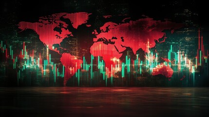 Poster - Stock market graph with green and red candlesticks, world map in the background -