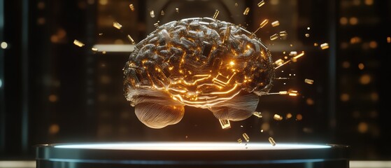 Poster - Futuristic illustration of a glowing brain with dynamic circuitry, symbolizing intelligence and innovation in technology.