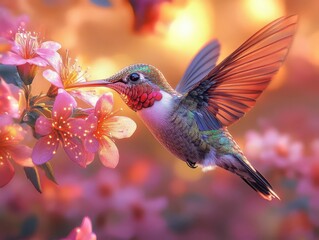 Wall Mural - surreal digital artwork of a rubythroated hummingbird midflight iridescent feathers shimmer as it approaches an oversized fantastical flower with glowing nectar