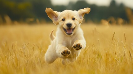 Poster - A playful puppy bounding through a field, with its ears flopping and a sense of excitement in its movements.