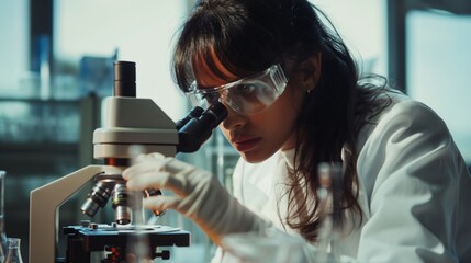 Aufkleber - A female scientist in a lab coat and goggles is seen examining samples with precision and dedication under a microscope in a modern laboratory, showcasing her commitment to research work