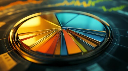 Fototapete - A top-down view of a 3D pie chart representing different financial sectors, with shiny, metallic segments and clear labels indicating various investment categories