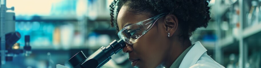 Aufkleber - In a wellequipped laboratory, a scientist is deeply engrossed in their research, using precise techniques with a microscope. Their dedication is evident as they wear protective eyewear