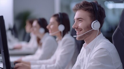 Aufkleber - A team of customer support professionals wearing headsets are working at their computers in a modern office environment. The focus is on a young man smiling and providing excellent service.