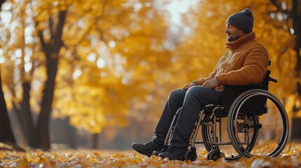 Poster - A man in a wheelchair is sitting in a park with leaves on the ground