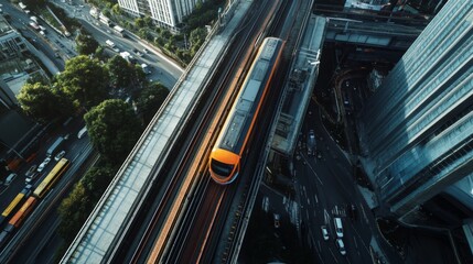 Poster - A top-down view of an electric train moving along elevated tracks, with city buildings and traffic visible below, showcasing the integration of rail and urban landscapes.