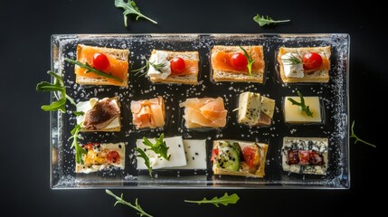 A top-down view of floating appetizers like mini sandwiches and cheese cubes on a serving tray with a layer of clear gel, creating an elegant presentation