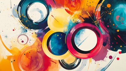 Fototapete - A vibrant, abstract design with overlapping circles and splashes of color, creating a playful and energetic visual effect.