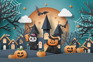 Wall Mural - A Halloween scene of Castle with ghost and happy face pumpkin, Happy Halloween.