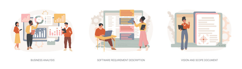 Poster - Project development specifications isolated concept vector illustration set.