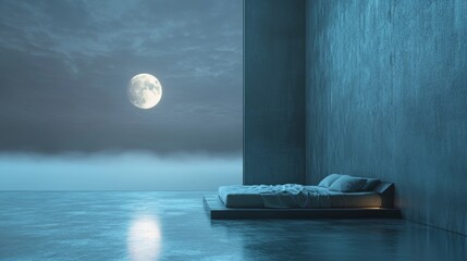 a bed is in a room with a large wall and a large moon in the sky