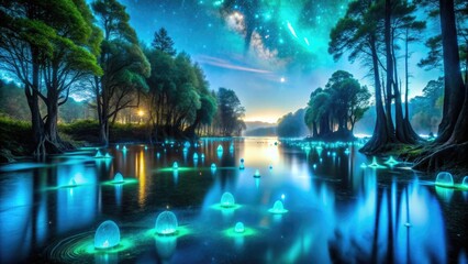 Surreal Bioluminescent Lake: Enigmatic, otherworldly, glowing creatures, phosphorescent waters, ethereal aura