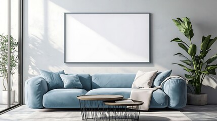 Spacious living room showcasing a large modern mockup frame, isolated against a clean background, stylish furniture