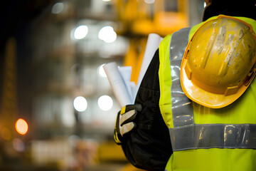 Industrial Construction Worker and Engineer Backside with Yellow Safety Helmet, Hard Hat and a Drawing Paper, Backside Angles on Night Scene Background.