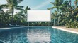 © SprintZz - Large wide horizontal white blank billboard sign for advertisements on the edge of swimming pool, tropical environment. Business poster commercial board outdoors, marketing frame mockup for promotion