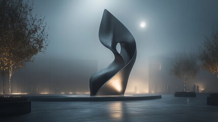 Wall Mural - A sculpture of a woman is lit up in the fog