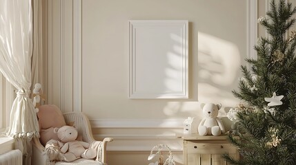 white photo frame mockup in children room vintage wall