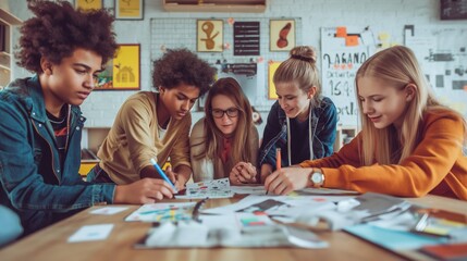 Wall Mural - School kids work together on a class project