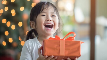 child opening a gift and smiling widely