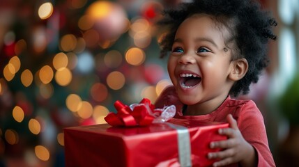 child opening a gift and smiling widely