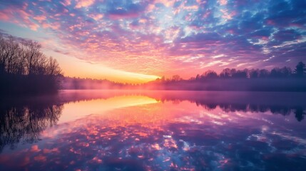 colorful sunrise over a lake with the reflection of the sky mirrored