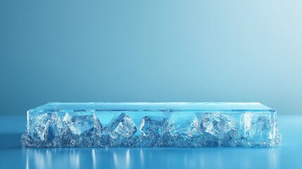 Wall Mural - A blue background with a clear glass slab with ice cubes on it