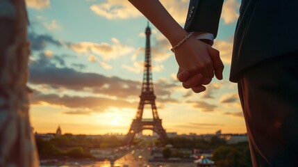 couple holding hands against the backdrop of the Eiffel Tower