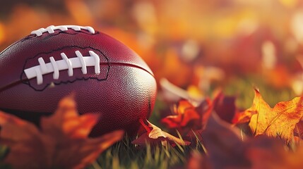 Close up of american football ball on arena or stadium field grass background with autumn leaves. Sports safety equipment banner with copy space.